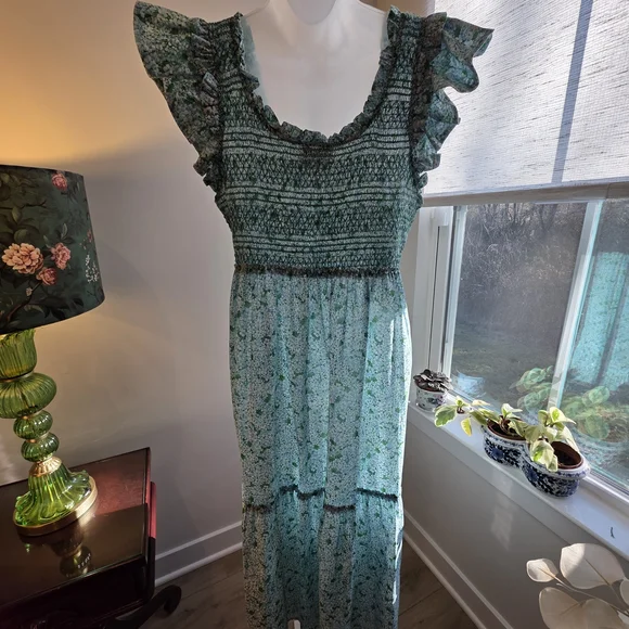 Tuckernuck Seafoam Green Floral Smocked Maxi Dress Preppy Cottage - Picture 3 of 7